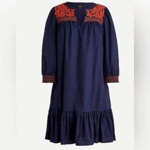 J Crew Leda Embroidered Popover Dress Ruffle Hem Navy Blue Orange Size XS